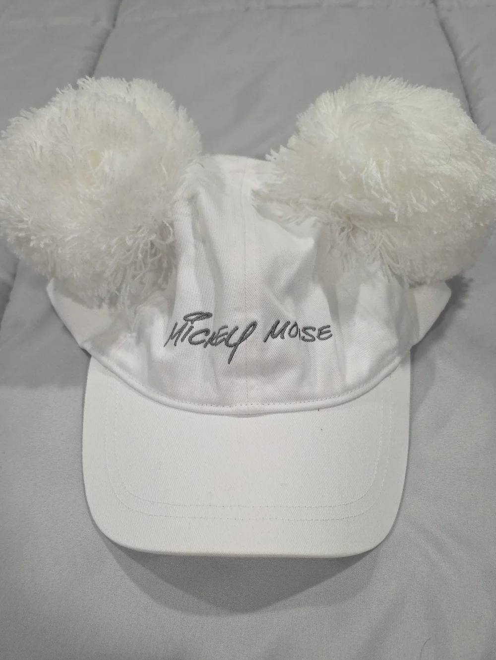 Disney White Kids Pom Hat with Mickey Mouse Script